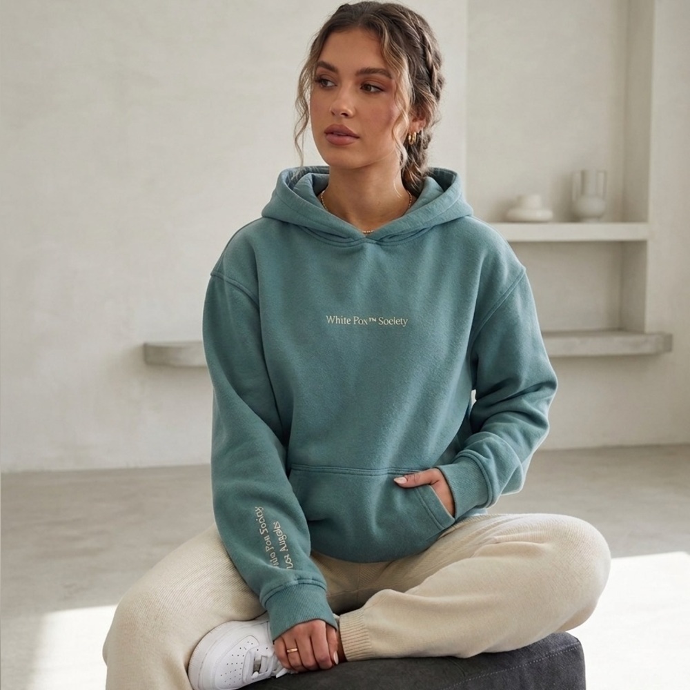 White Fox Washed Green Pullover Hoodie for Women